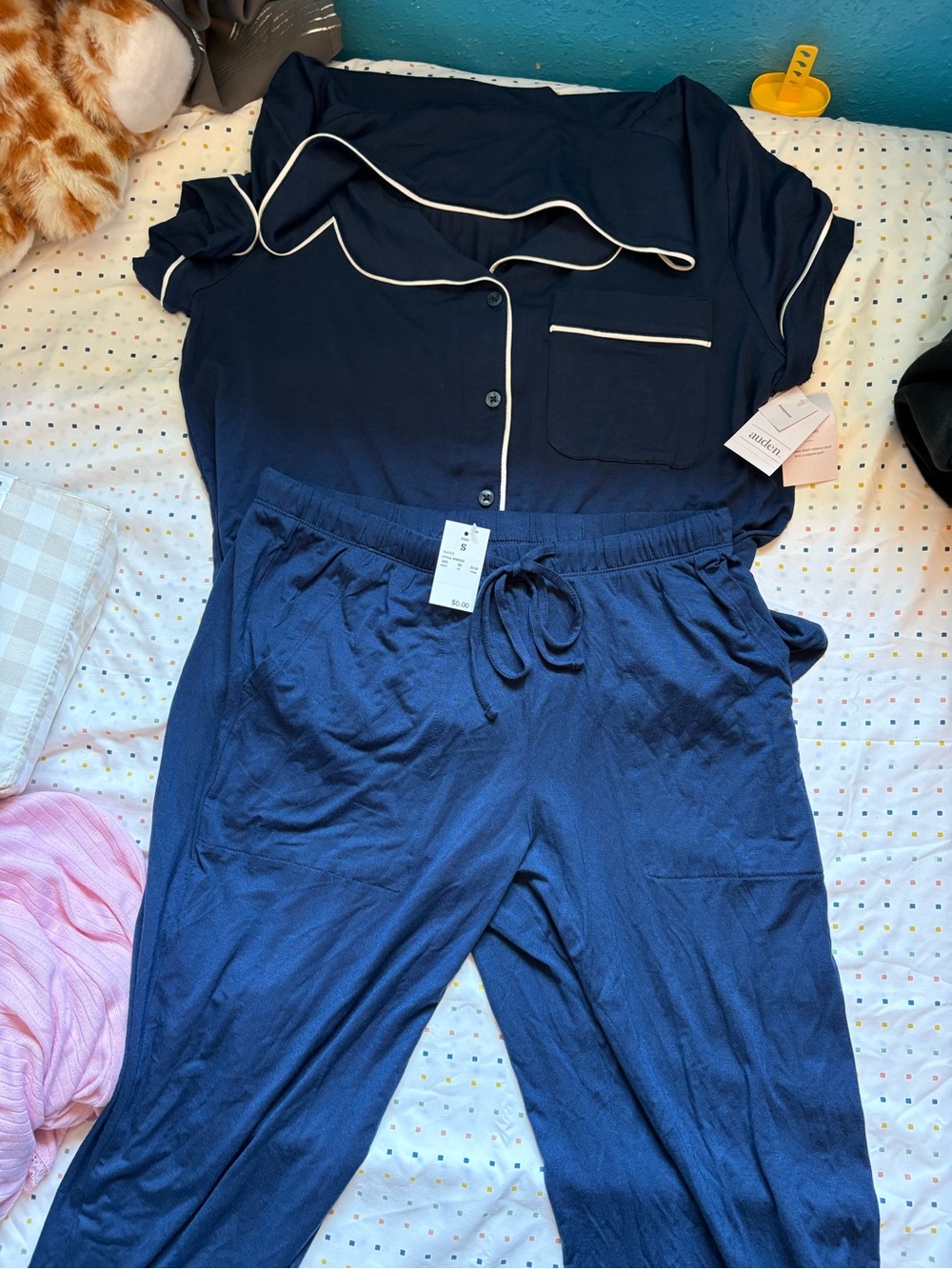 Navy Women's Pajama Set with Contrast Piping